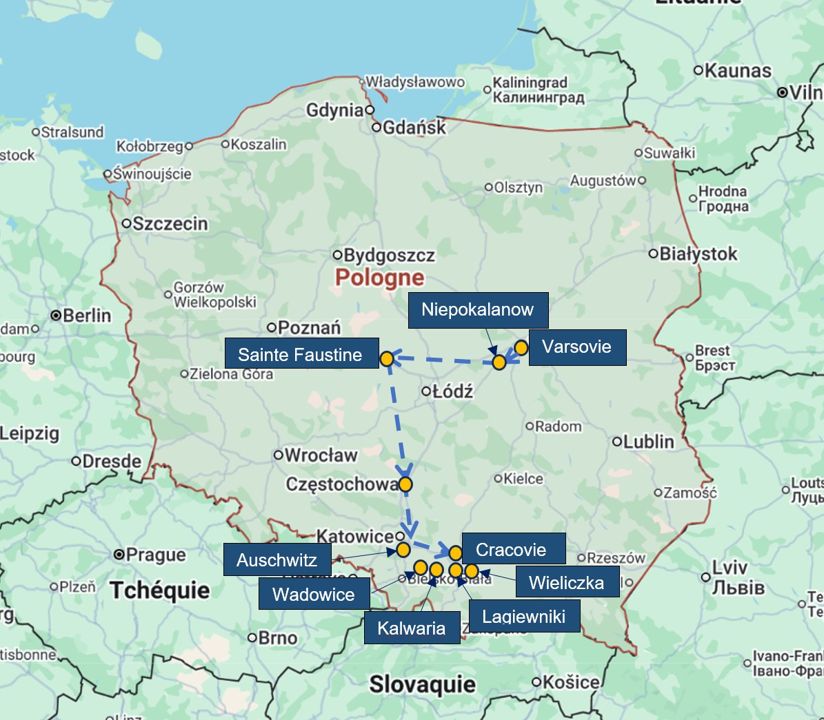 Carte Pologne Carte de l'itinéraire du pèlerinage en Pologne