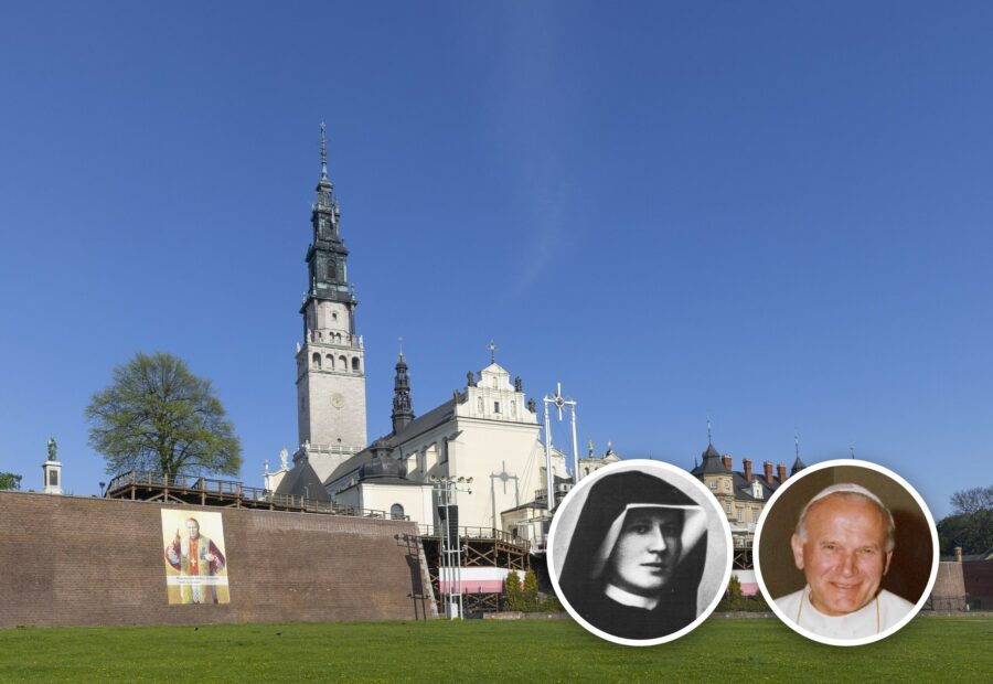 Pologne – Częstochowa, sainte Faustine et saint Jean-Paul II Sanctuaire de Jasna Góra à Częstochowa, avec les portraits de sainte Faustine et de saint Jean-Paul II